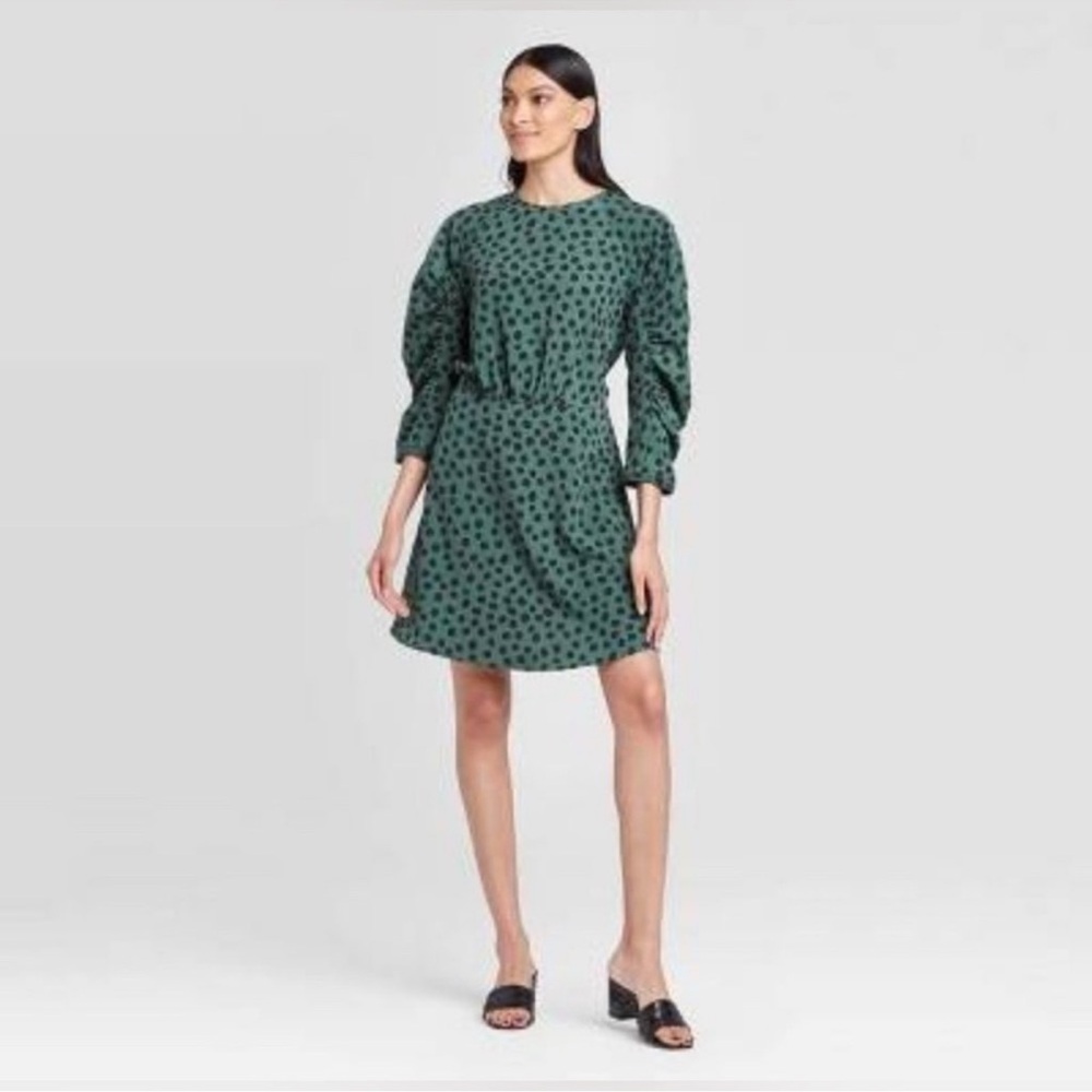 WHO WHAT WHERE Green Black Polka Dot Shirrea Long Sleeve Dress Women’s Small